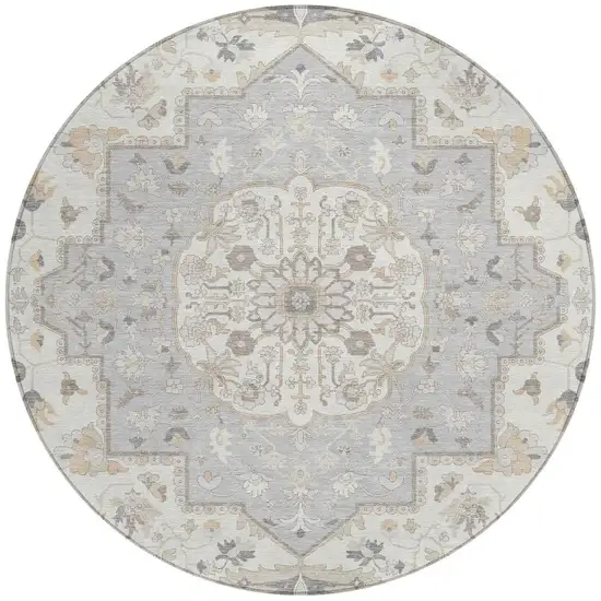 8' Silver And Fern Green Round Oriental Washable Indoor Outdoor Area Rug Photo 3
