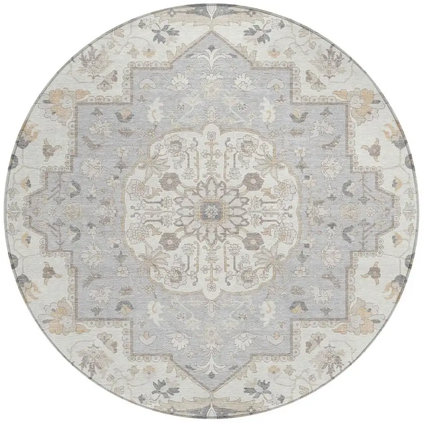 8' Silver And Fern Green Round Oriental Washable Indoor Outdoor Area Rug Photo 3
