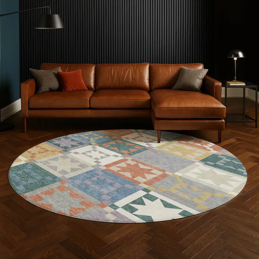 8' Silver And Gold Round Patchwork Washable Indoor Outdoor Area Rug Photo 5