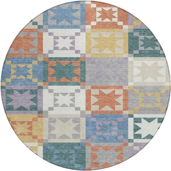 8' Silver And Gold Round Patchwork Washable Indoor Outdoor Area Rug Photo 1