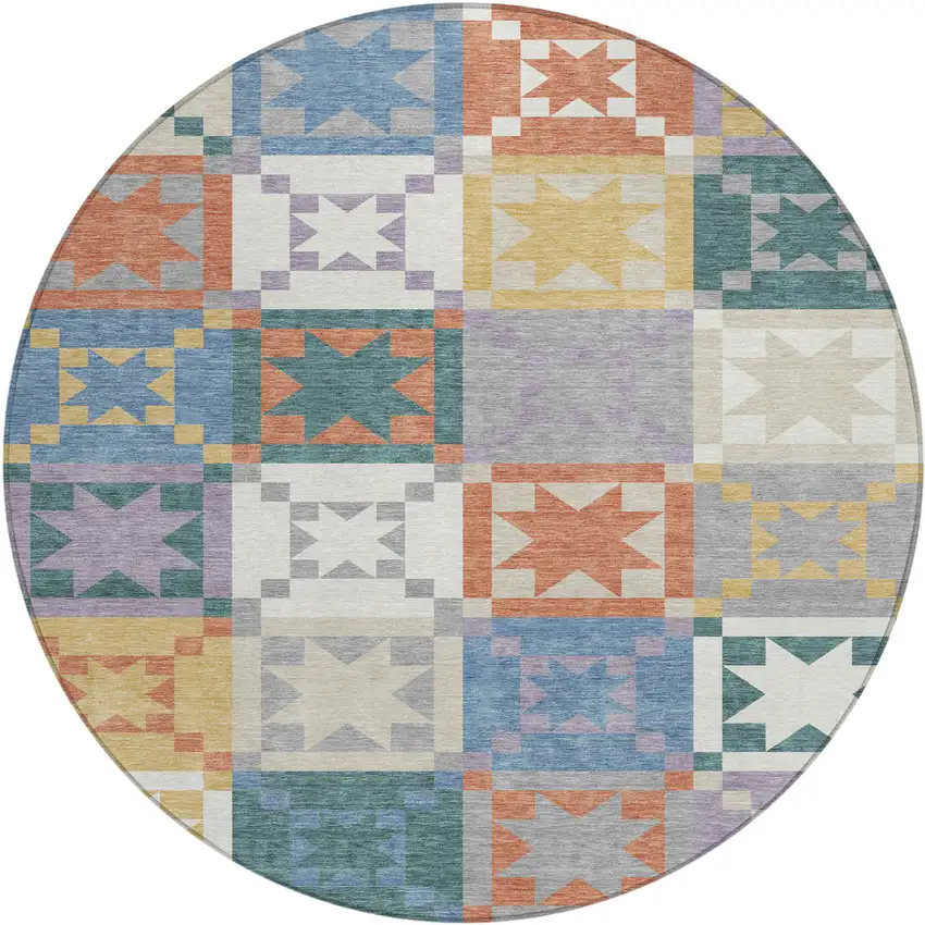 8' Silver And Gold Round Patchwork Washable Indoor Outdoor Area Rug Photo 1