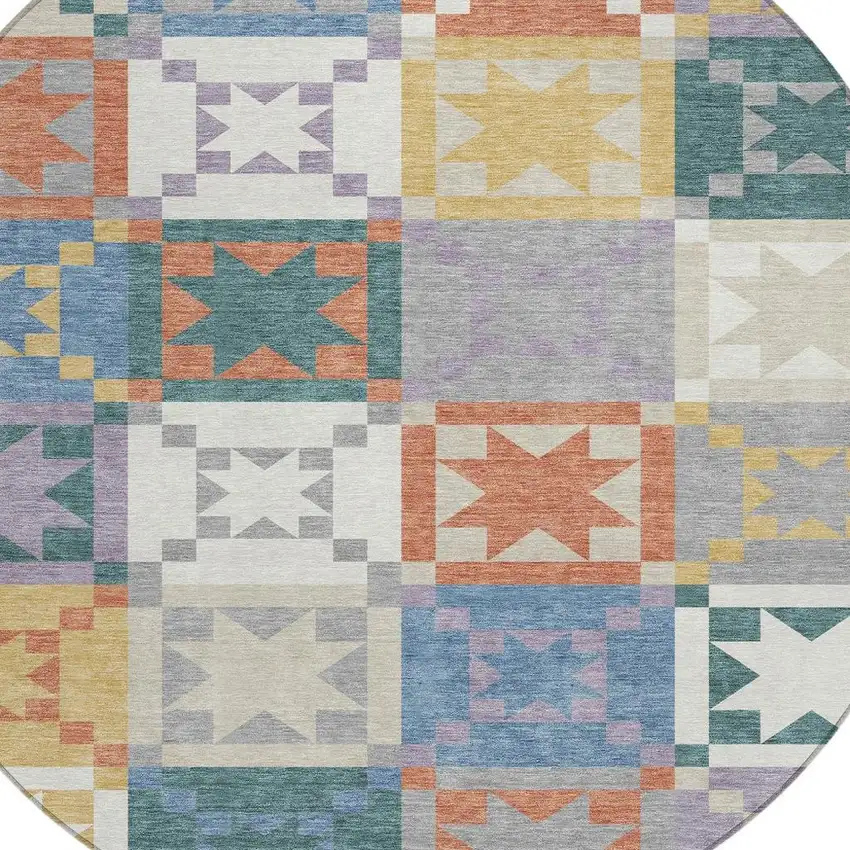 8' Silver And Gold Round Patchwork Washable Indoor Outdoor Area Rug Photo 2