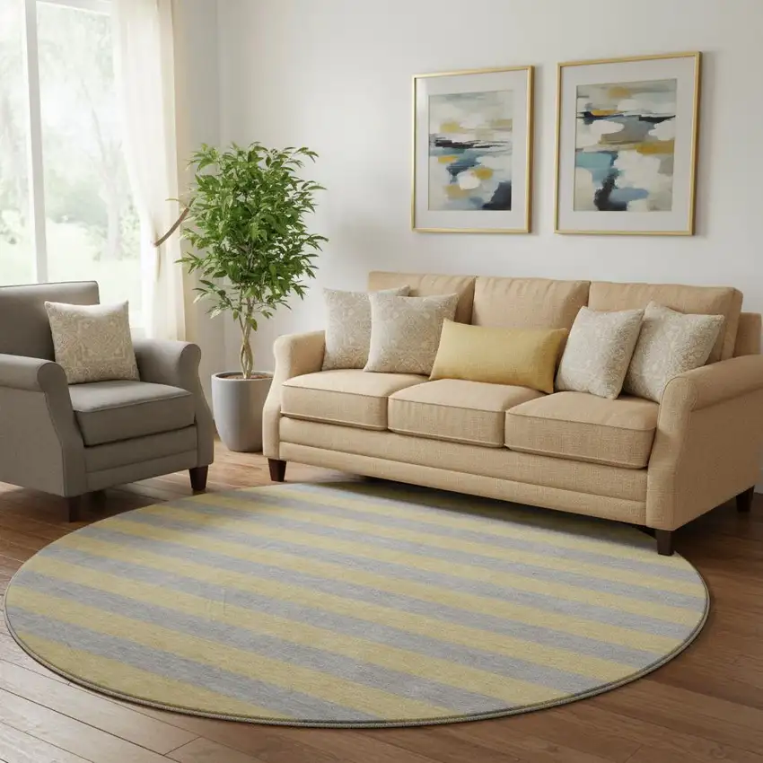 8' Silver And Gold Striped Washable Round Rug With UV Protection Photo 1