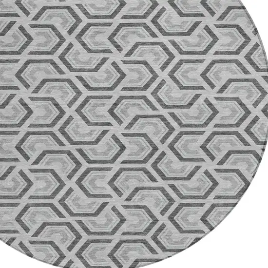 8' Silver And Graphite Round Geometric Washable Indoor Outdoor Area Rug Photo 5