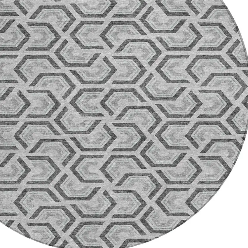 8' Silver And Graphite Round Geometric Washable Indoor Outdoor Area Rug Photo 5