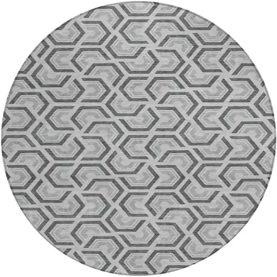 8' Silver And Graphite Round Geometric Washable Indoor Outdoor Area Rug Photo 2