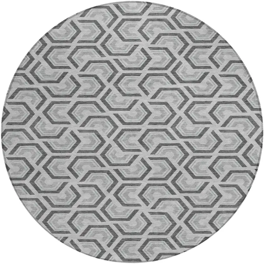 8' Silver And Graphite Round Geometric Washable Indoor Outdoor Area Rug Photo 2