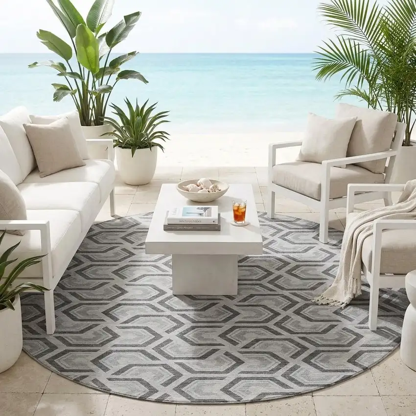 8' Silver And Graphite Round Geometric Washable Indoor Outdoor Area Rug Photo 1