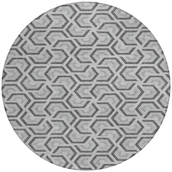 8' Silver And Graphite Round Geometric Washable Indoor Outdoor Area Rug Photo 3