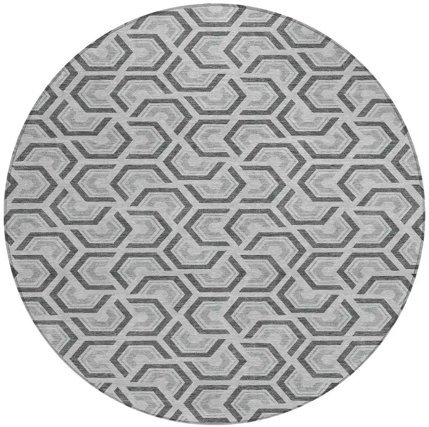 8' Silver And Graphite Round Geometric Washable Indoor Outdoor Area Rug Photo 3