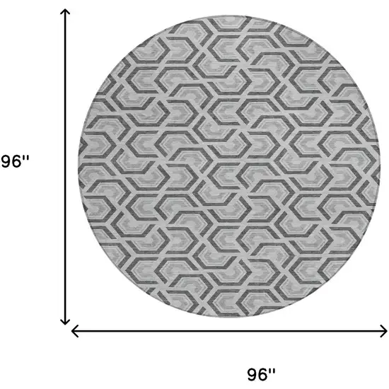 8' Silver And Graphite Round Geometric Washable Indoor Outdoor Area Rug Photo 8
