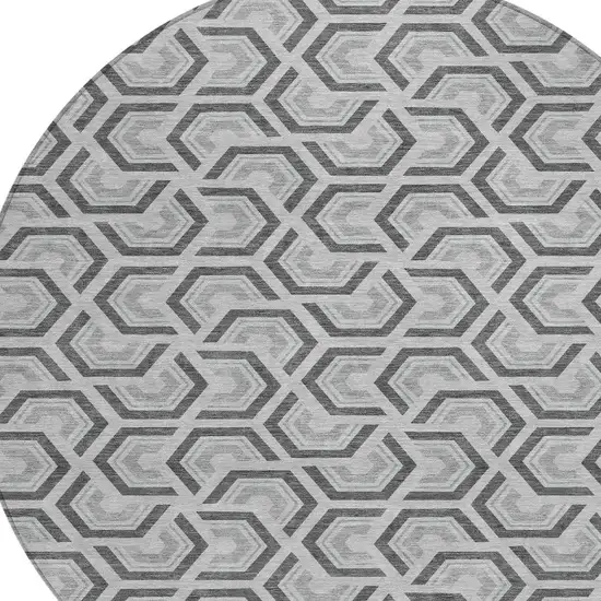 8' Silver And Graphite Round Geometric Washable Indoor Outdoor Area Rug Photo 4