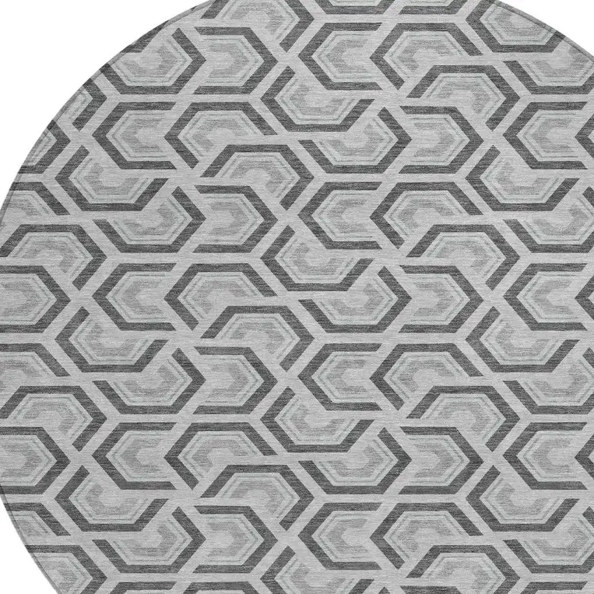 8' Silver And Graphite Round Geometric Washable Indoor Outdoor Area Rug Photo 4