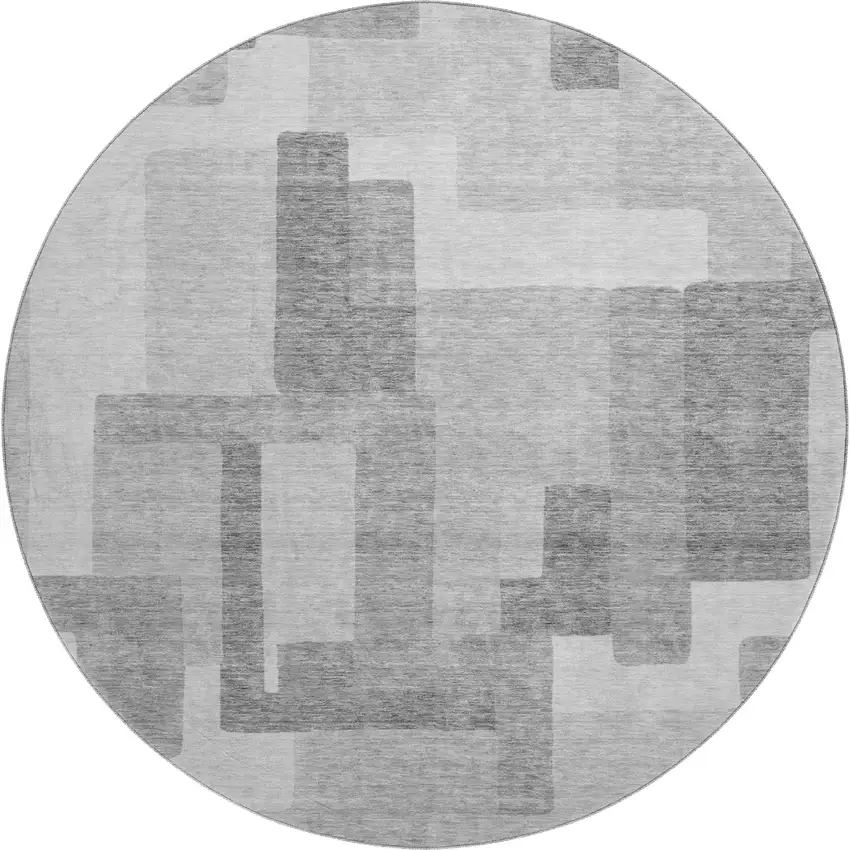 8' Silver And Gray Abstract Geometric Washable Round Rug With UV Protection Photo 1
