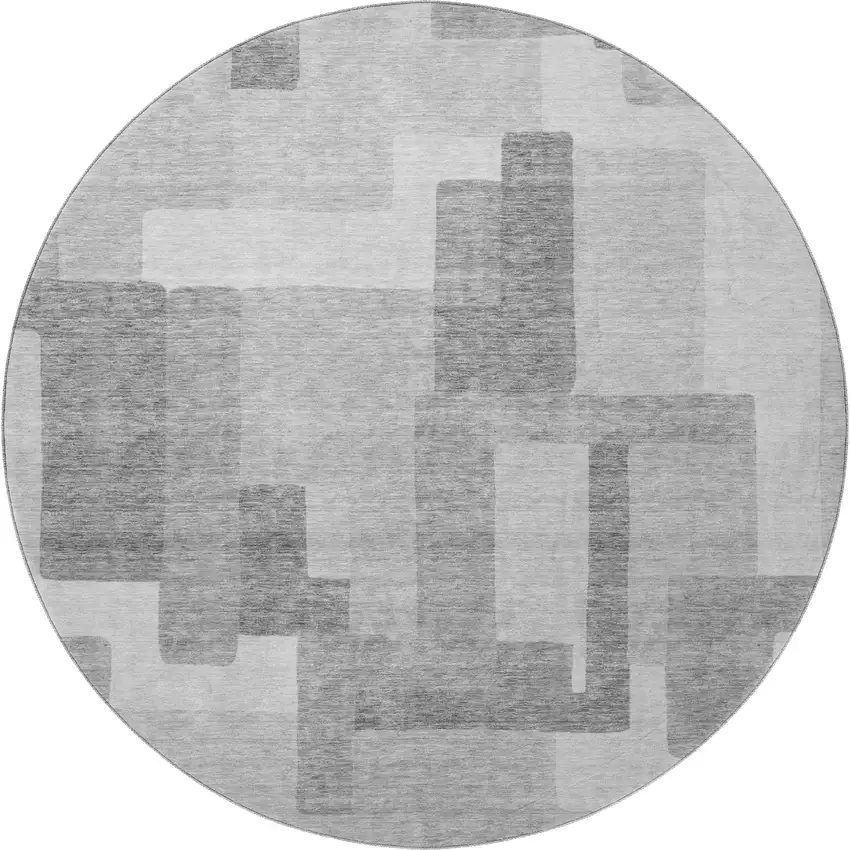 8' Silver And Gray Abstract Geometric Washable Round Rug With UV Protection Photo 4