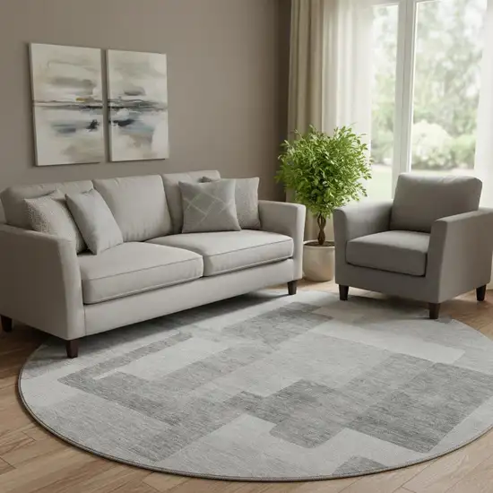 8' Silver And Gray Abstract Geometric Washable Round Rug With UV Protection Photo 1