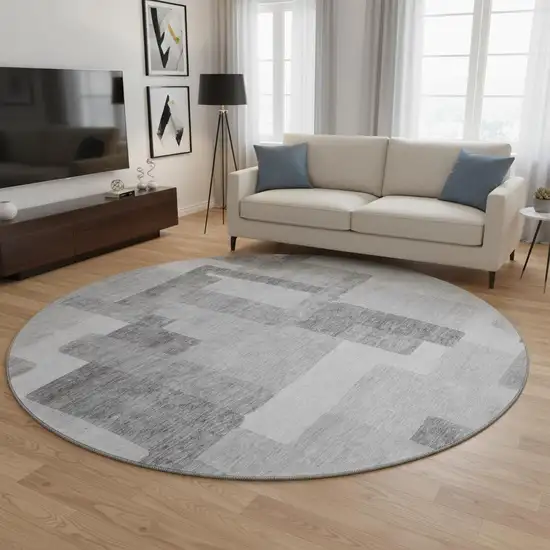 8' Silver And Gray Abstract Geometric Washable Round Rug With UV Protection Photo 2
