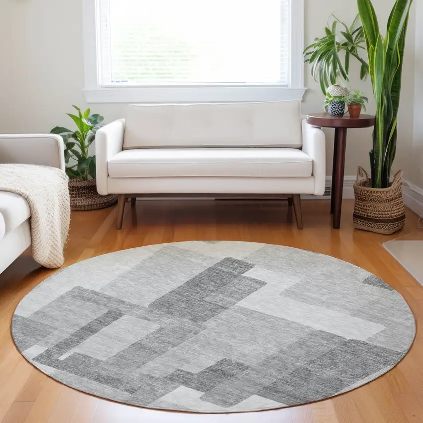 8' Silver And Gray Abstract Geometric Washable Round Rug With UV Protection Photo 5