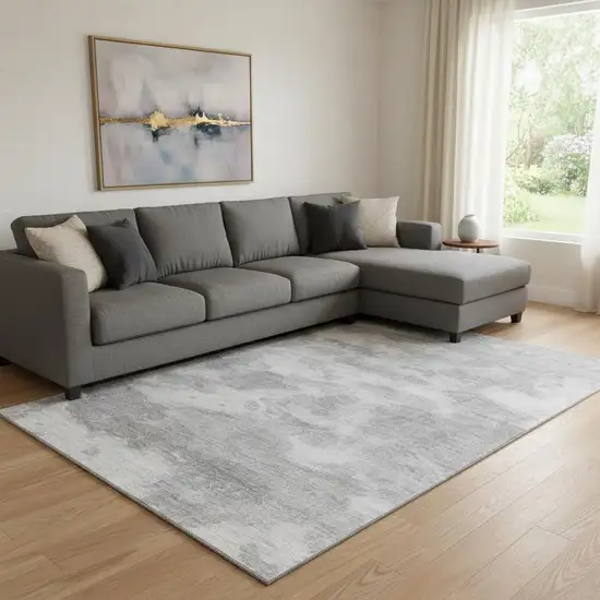 8' Silver And Gray Abstract Washable Area Rug With UV Protection Photo 2