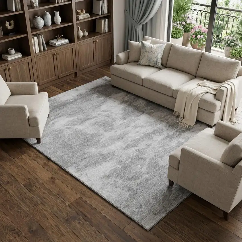 8' Silver And Gray Abstract Washable Area Rug With UV Protection Photo 1
