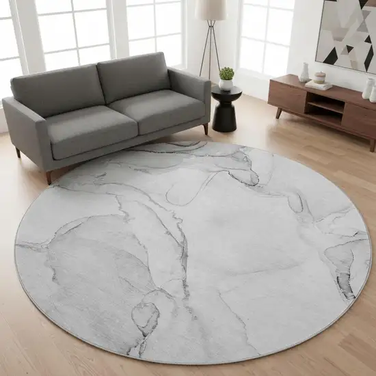 8' Silver And Gray Abstract Washable Round Rug With UV Protection Photo 2