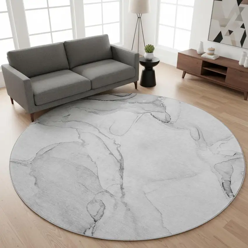 8' Silver And Gray Abstract Washable Round Rug With UV Protection Photo 2