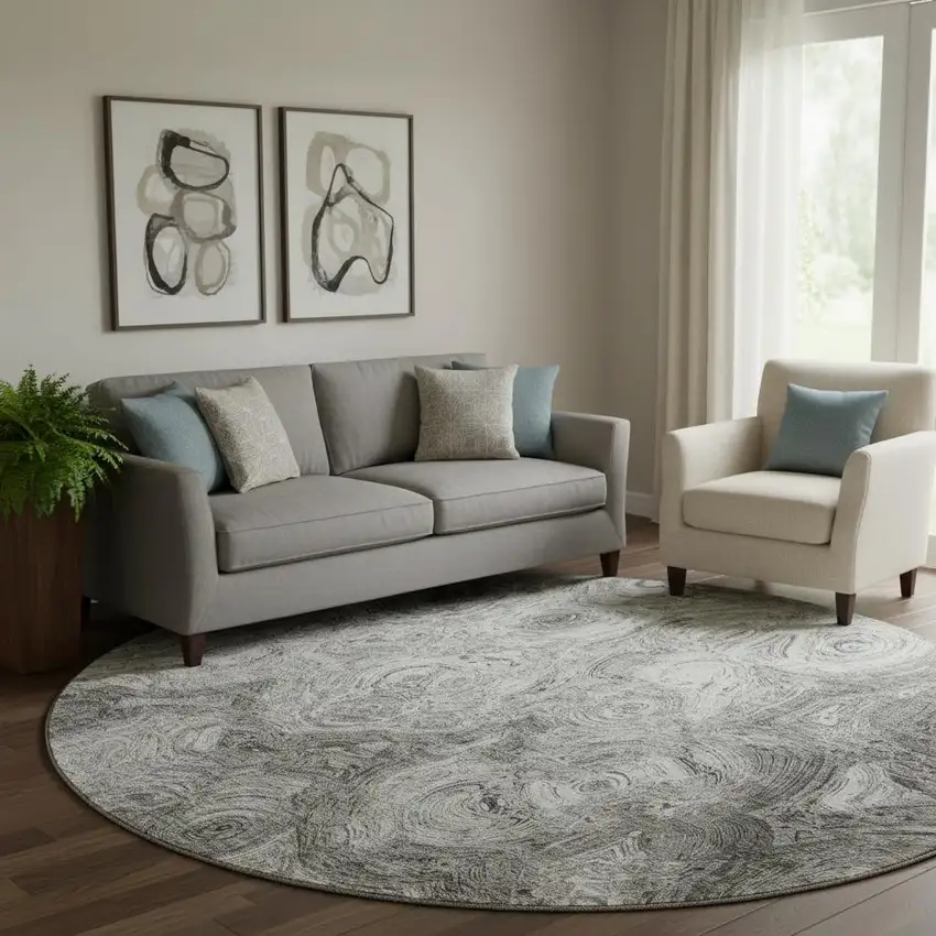 8' Silver And Gray Abstract Washable Round Rug With UV Protection Photo 1