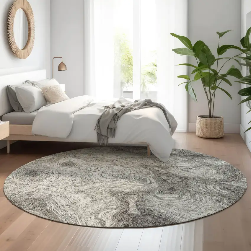 8' Silver And Gray Abstract Washable Round Rug With UV Protection Photo 4