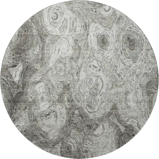 8' Silver And Gray Abstract Washable Round Rug With UV Protection Photo 3