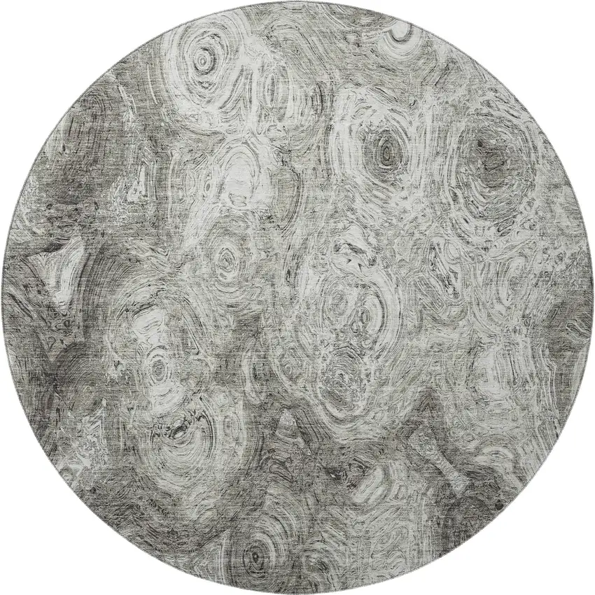 8' Silver And Gray Abstract Washable Round Rug With UV Protection Photo 3