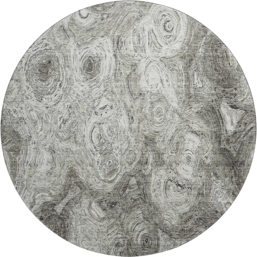 8' Silver And Gray Abstract Washable Round Rug With UV Protection Photo 1