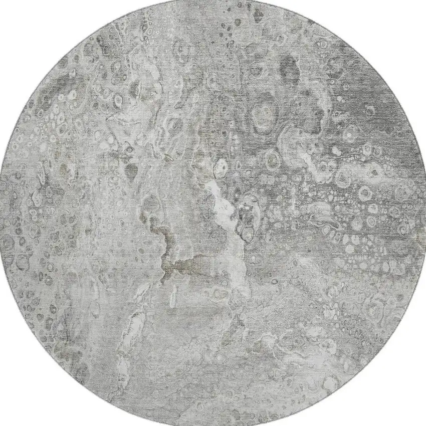 8' Silver And Gray Abstract Washable Round Rug With UV Protection Photo 2