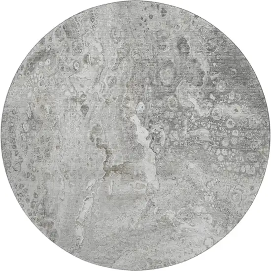 8' Silver And Gray Abstract Washable Round Rug With UV Protection Photo 1