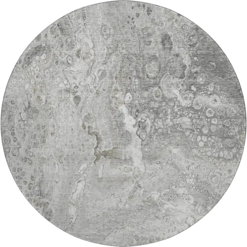 8' Silver And Gray Abstract Washable Round Rug With UV Protection Photo 1