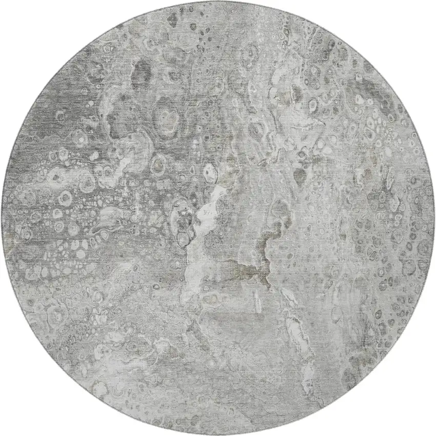 8' Silver And Gray Abstract Washable Round Rug With UV Protection Photo 3