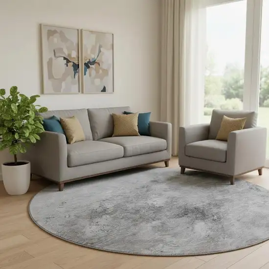 8' Silver And Gray Abstract Washable Round Rug With UV Protection Photo 1