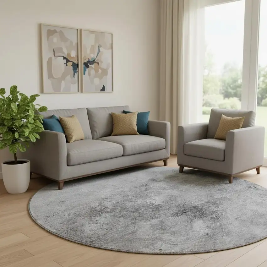 8' Silver And Gray Abstract Washable Round Rug With UV Protection Photo 1