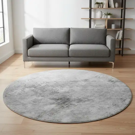 8' Silver And Gray Abstract Washable Round Rug With UV Protection Photo 2