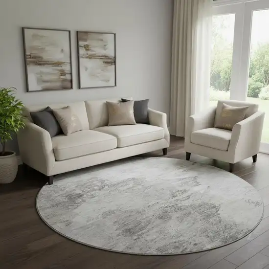 8' Silver And Gray Abstract Washable Round Rug With UV Protection Photo 1