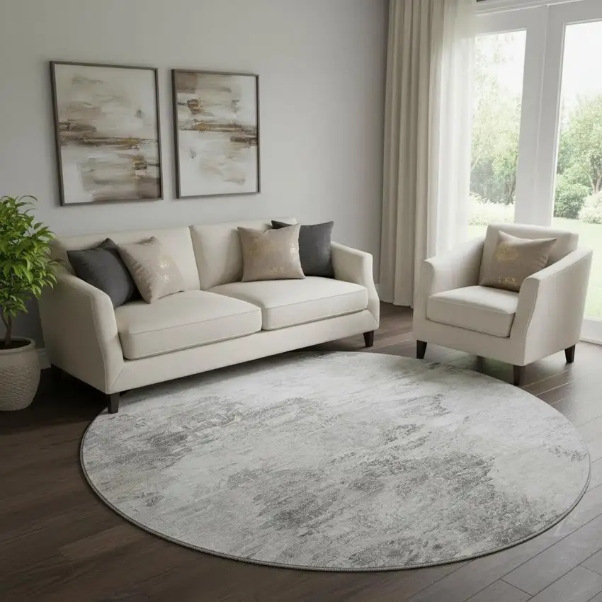 8' Silver And Gray Abstract Washable Round Rug With UV Protection Photo 1