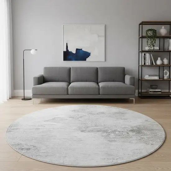 8' Silver And Gray Abstract Washable Round Rug With UV Protection Photo 2
