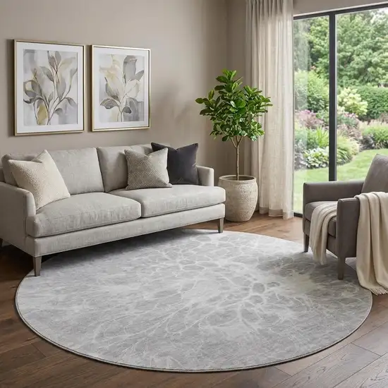 8' Silver And Gray Abstract Washable Round Rug With UV Protection Photo 1