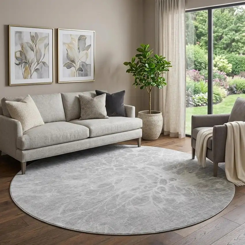 8' Silver And Gray Abstract Washable Round Rug With UV Protection Photo 1