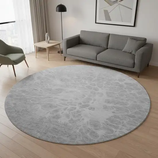 8' Silver And Gray Abstract Washable Round Rug With UV Protection Photo 2