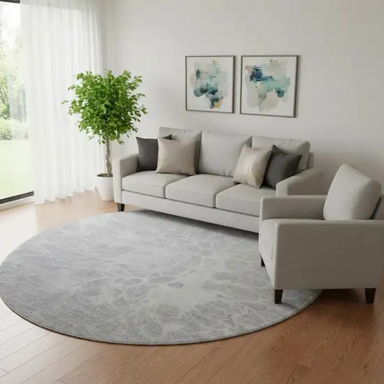 8' Silver And Gray Abstract Washable Round Rug With UV Protection Photo 1