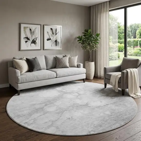 8' Silver And Gray Abstract Washable Round Rug With UV Protection Photo 1