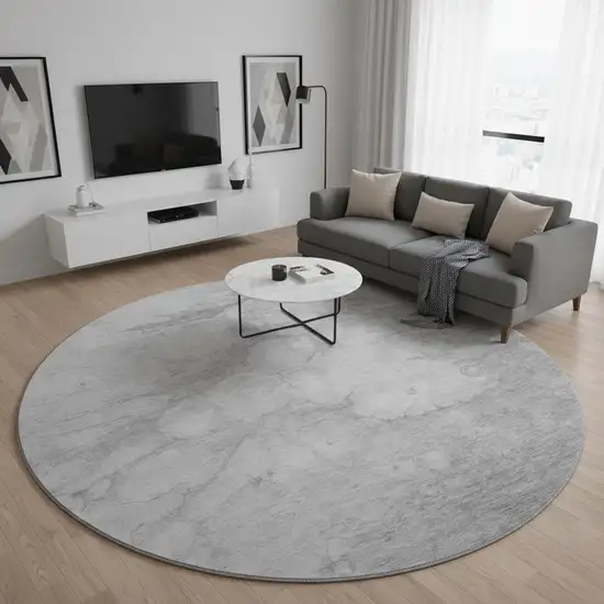 8' Silver And Gray Abstract Washable Round Rug With UV Protection Photo 2