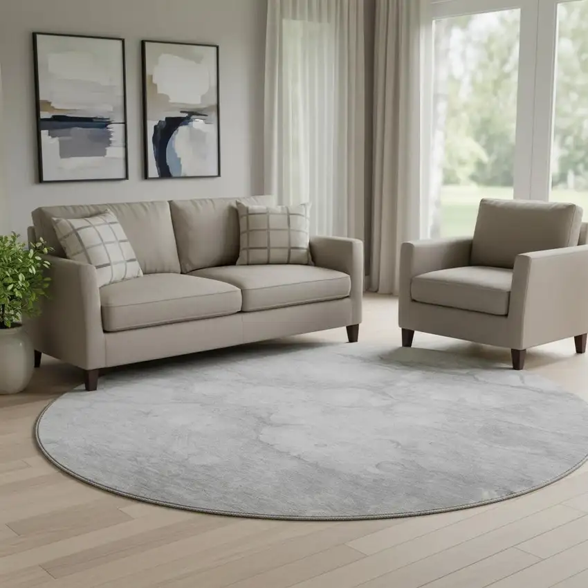 8' Silver And Gray Abstract Washable Round Rug With UV Protection Photo 1