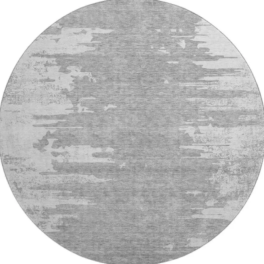 8' Silver And Gray Abstract Washable Round Rug With UV Protection Photo 3