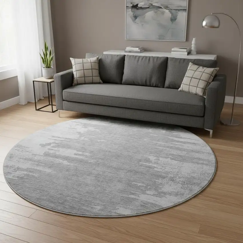 8' Silver And Gray Abstract Washable Round Rug With UV Protection Photo 2